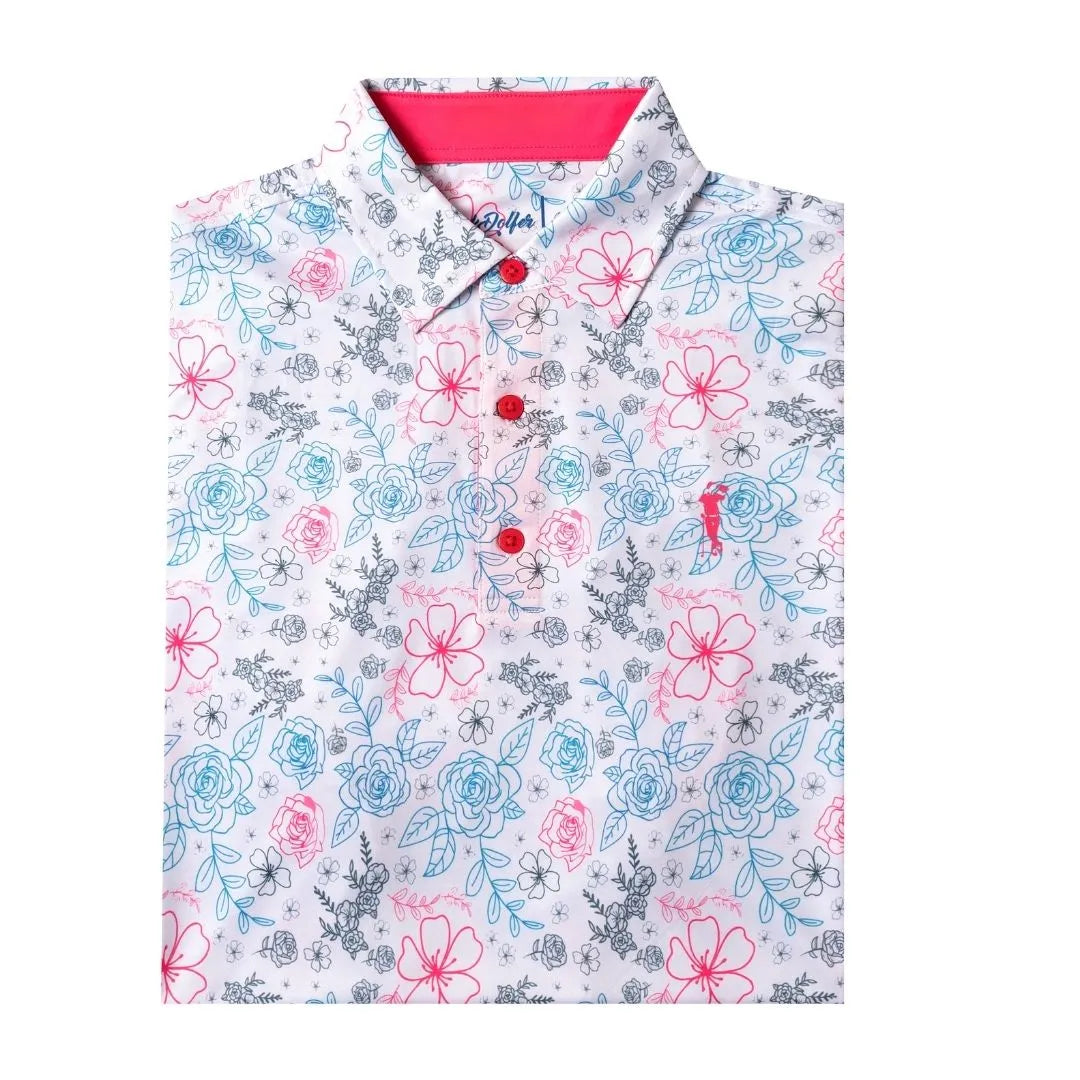 The Grunk Dolfer White Neon Rose polo features a white base with a vibrant floral pattern in pink, blue, and gray, accented by red buttons and a pink inner collar for a stylish, timeless look.