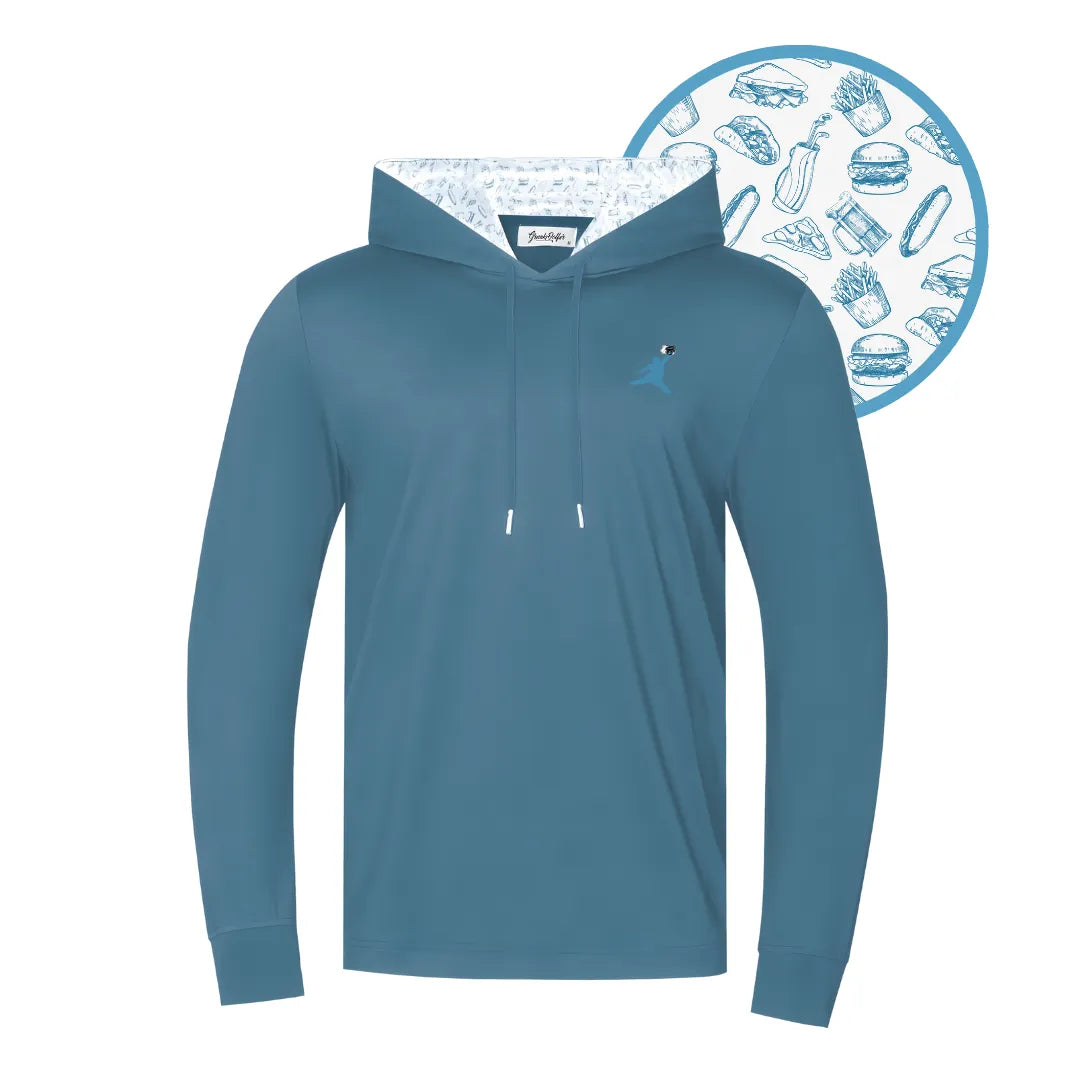 The Blue ChunkMan Hoodie by Grunk Dolfer features white drawstrings, a small silhouette logo on the chest, and blue fast food illustrations lining the hood—burgers, fries, and soda—making it perfect for dad bods.