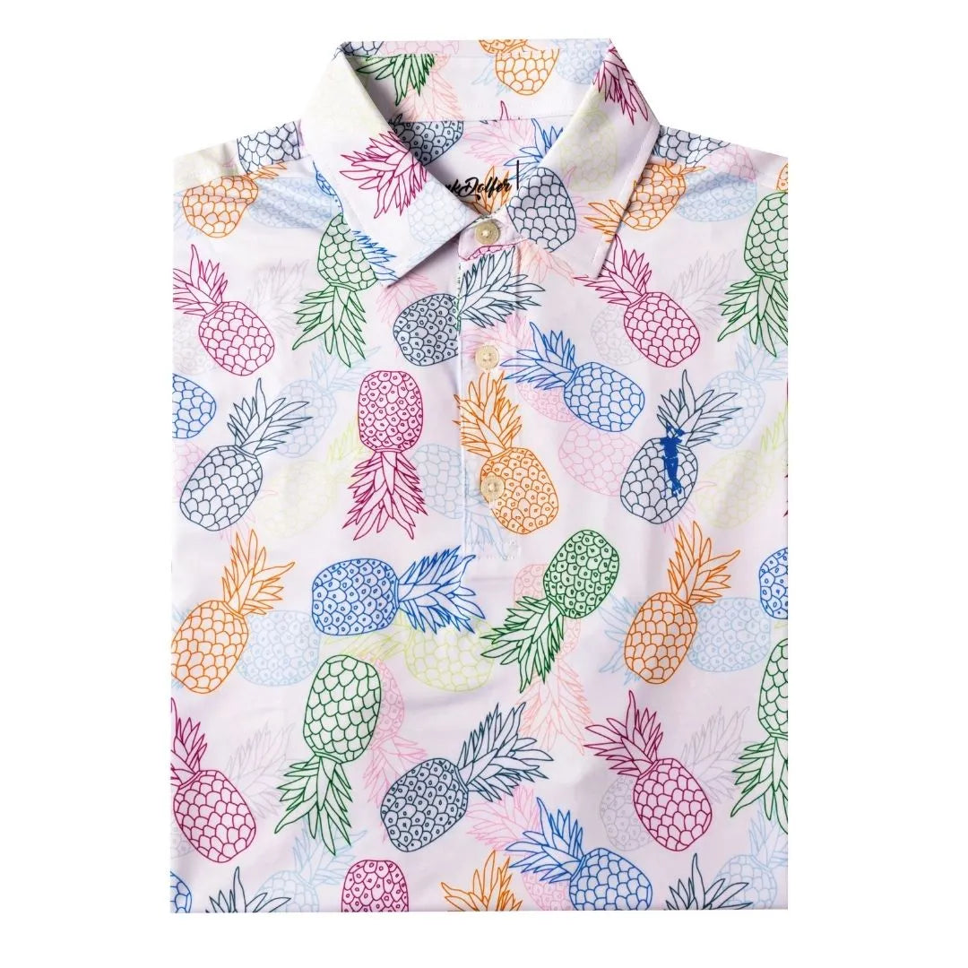 The Grunk Dolfer Pineapple Sexpress is a folded short-sleeve golf polo with a vibrant outline pineapple pattern in blue, pink, green, yellow, purple, and orange on a white background—ideal for standing out at the golf club.