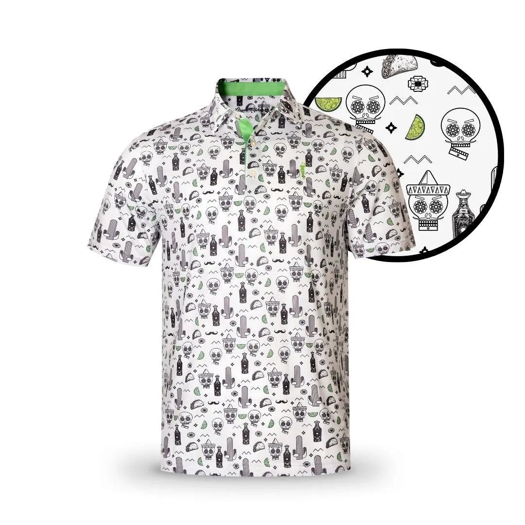 The Drinko by Grunk Dolfer is a short-sleeve white polo with a black and green print of skulls, cacti, bottles, mountains, and limes—a fun pattern perfect for your next golf party shirt.