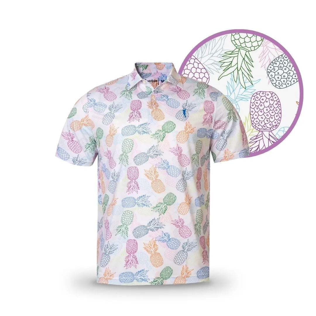 The Grunk Dolfer Pineapple Sexpress is a men’s short-sleeve polo featuring a vibrant all-over pastel pineapple print in pink, blue, orange, yellow, and green, with a close-up circle highlighting the colorful pattern.