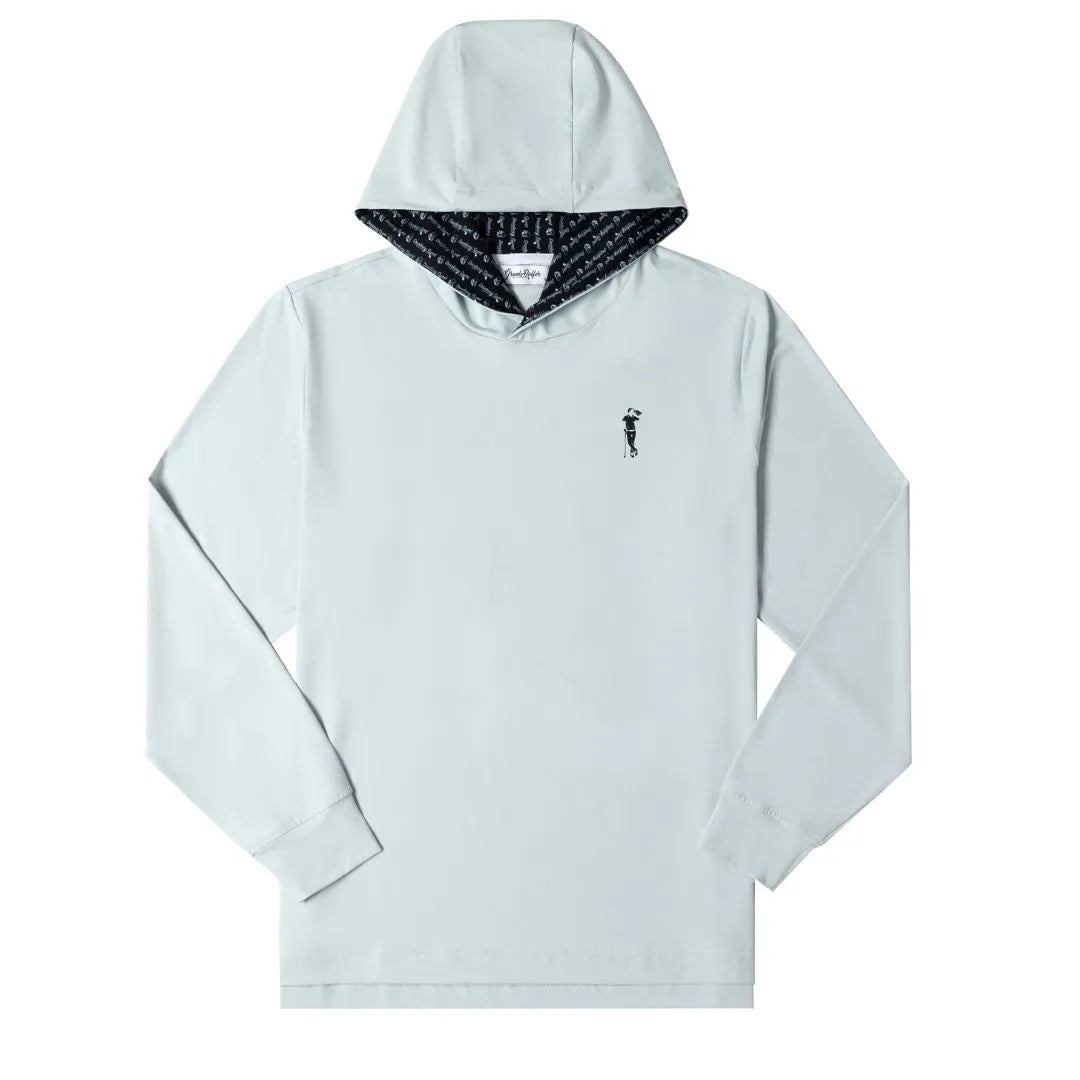 The Grunk Dolfer Drinking Sport Hoodie is a light gray, lightweight golf hoodie with a small black logo on the left chest and a dark patterned hood lining, shown laid flat on a white background.