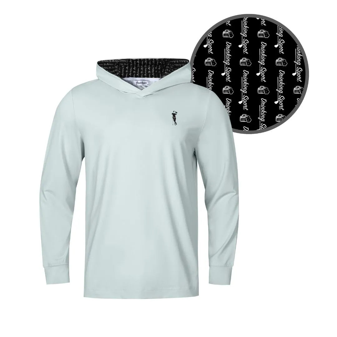 The Grunk Dolfer Drinking Sport Hoodie is a lightweight light gray hoodie with a small black logo on the left chest and a black hood lining featuring repeated white Masters Surf logos and surfboards—perfect for stylish performance.