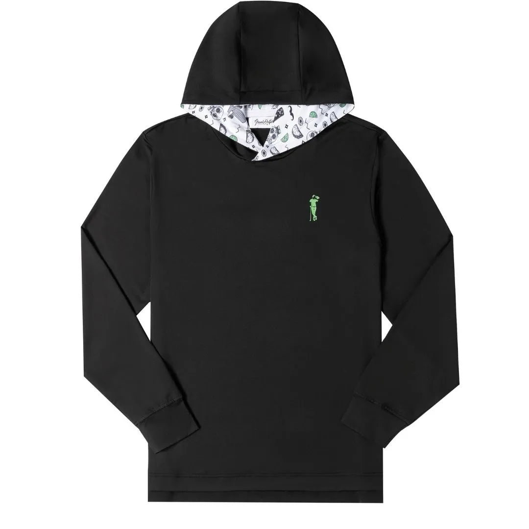 The Grunk Dolfer Drinko Hoodie is a black, lightweight hoodie with long sleeves, a small green embroidered figure on the left chest, and a hood lined in white with a black and green pattern. No visible pockets.