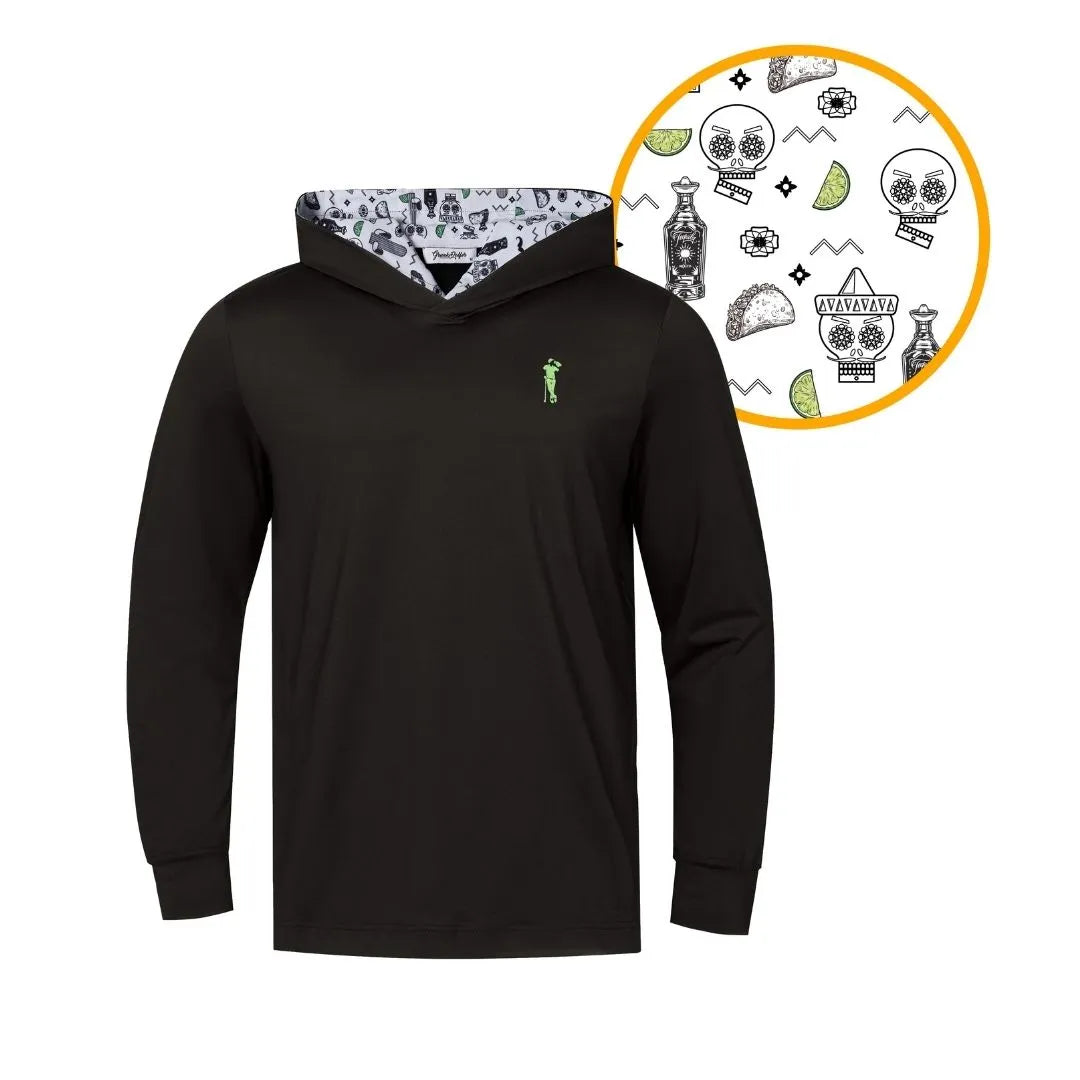 The Grunk Dolfer Drinko Hoodie is a lightweight, breathable hoodie with long sleeves and a small green figure on the left chest. The hood’s lining features playful skull, taco, lime slice, and music patterns.