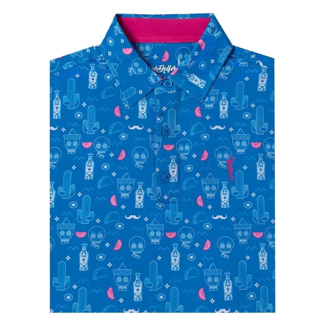 The Blue Drinko by Grunk Dolfer is a folded blue button-up with a vibrant pattern of white cacti, skulls, sombreros, mustaches, plus pink hot sauce and watermelon. Pink inner collar. Perfect party golf apparel or standout Drinko polo.