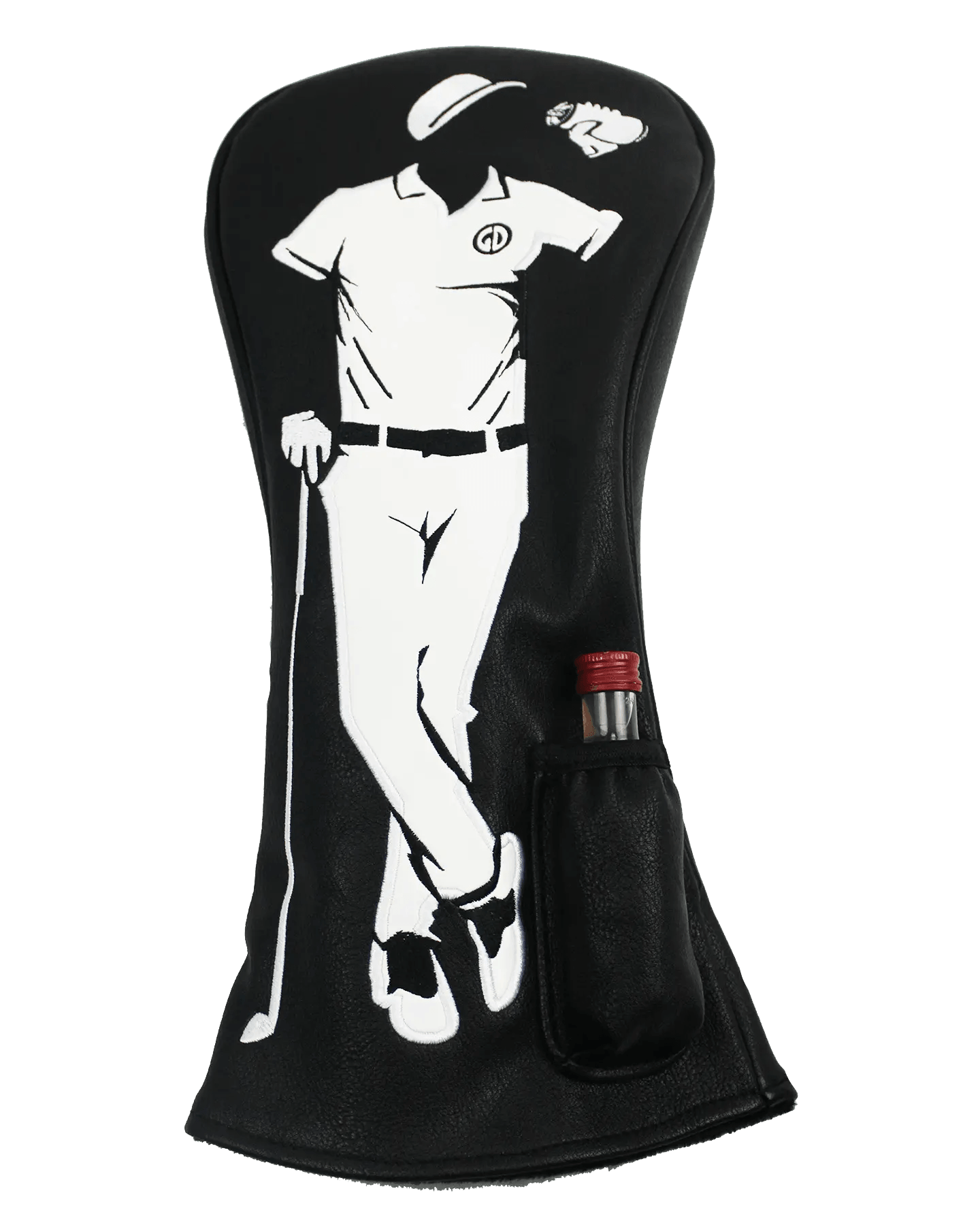 The Grunk Dolfer Grunk Driver Cover features premium black leather, a white golfer silhouette, and a small pocket with two red and black tees—stylishly protecting your driver.