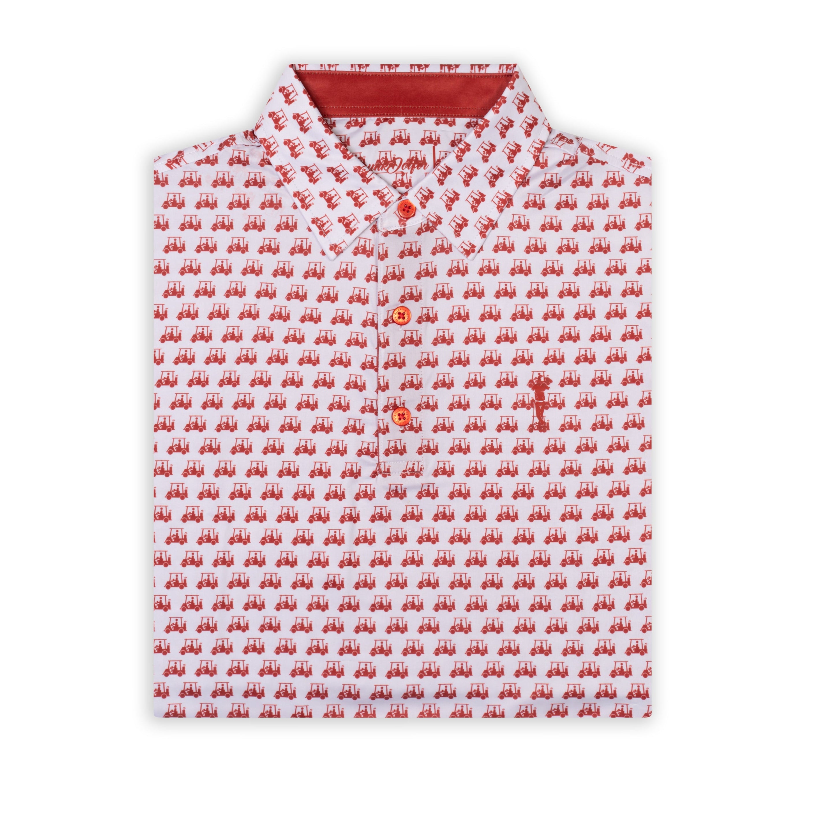 The Grunk Dolfer Red Cart polo is a neatly folded white shirt with small red tractor patterns, bold leopard print accents, three buttons, and a red cross logo on the left chest.