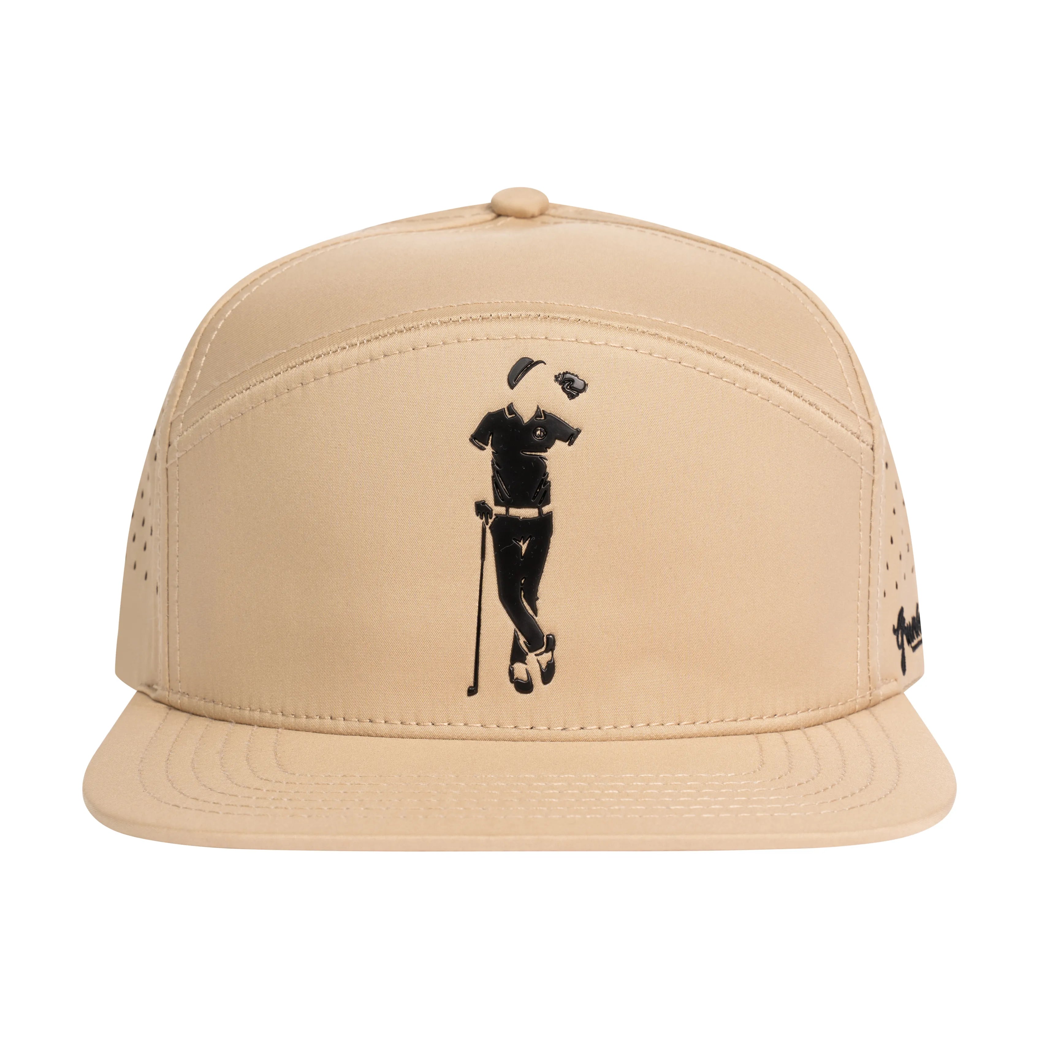 The Tan Grunk Hat by Grunk Dolfer is a beige baseball cap featuring a black golfer silhouette on the front, perforated side panels, and a flat brim—combining comfort and style for any occasion.