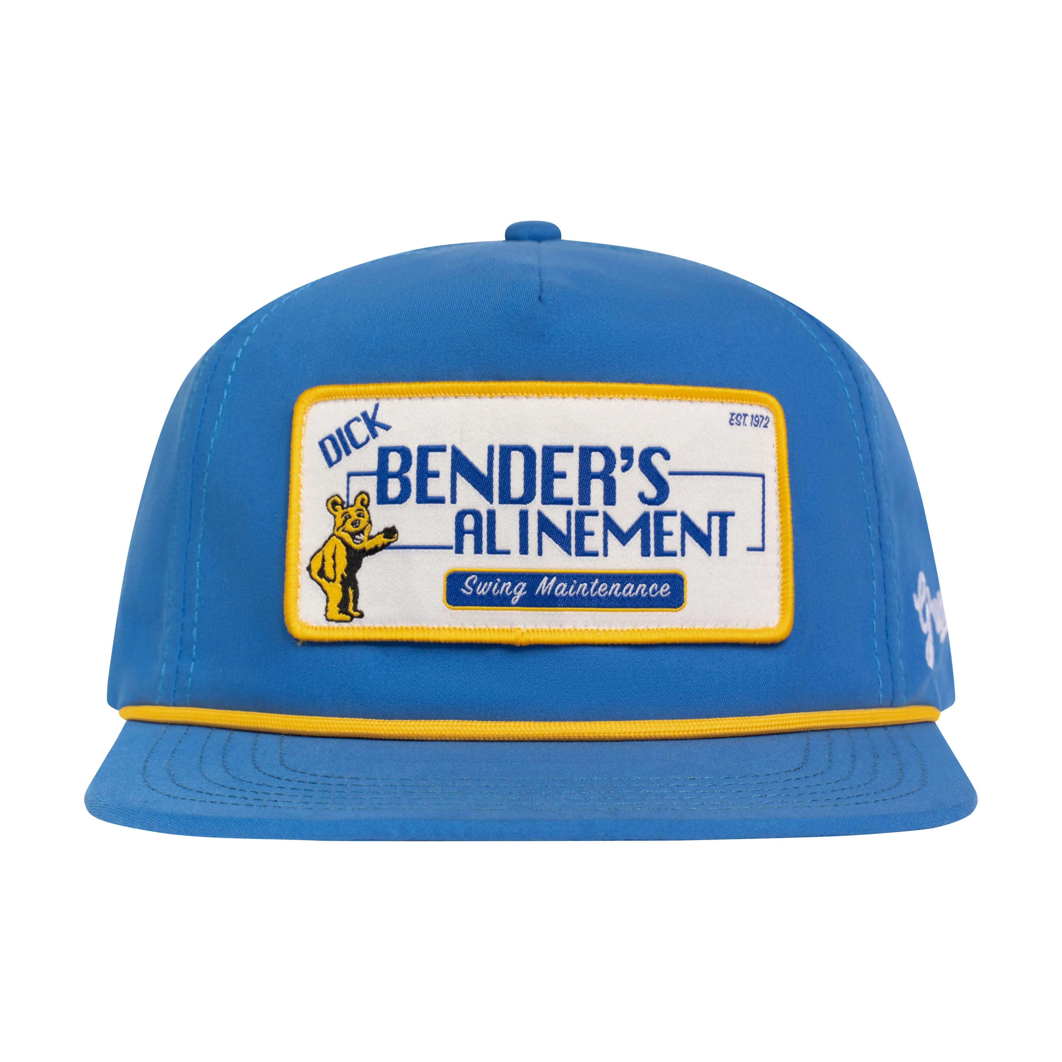 The Swing Maintenance Hat by Grunk Dolfer is a blue limited edition snapback (1/100) with yellow brim trim and a yellow-edged patch featuring Dick Benders Alignment, Swing Maintenance and a bear pointing to the text.