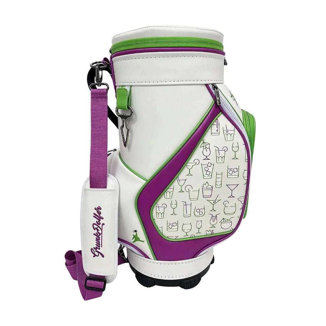 White, purple, and green Grunk Dolfer Happy Hour Den Caddy featuring a pattern of various cocktail glasses and a shoulder strap.
