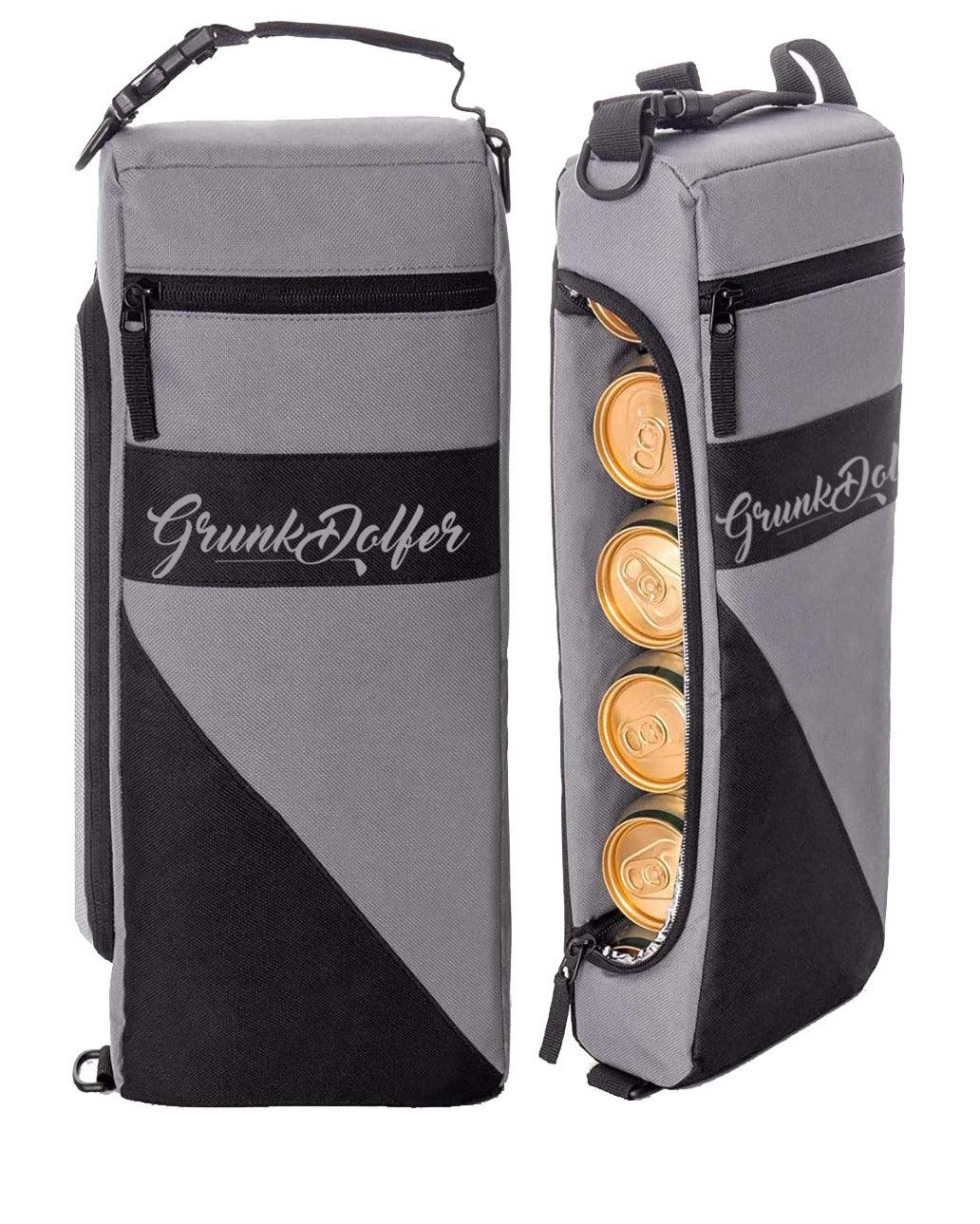 Two gray and black FREE Grunk Cooler bags by Grunk Dolfer—one closed, one unzipped to reveal four cans. Both feature a zippered pocket and carrying straps; ideal golfing accessories.