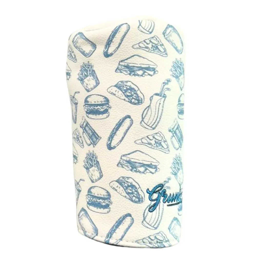 The Chunkman Fairway Wood Cover by Grunk Dolfer is a white leather headcover with blue line drawings of burgers, fries, pizza, hot dogs, and milkshakes. Grumpys is embroidered in blue script at the bottom for a unique golf club style.