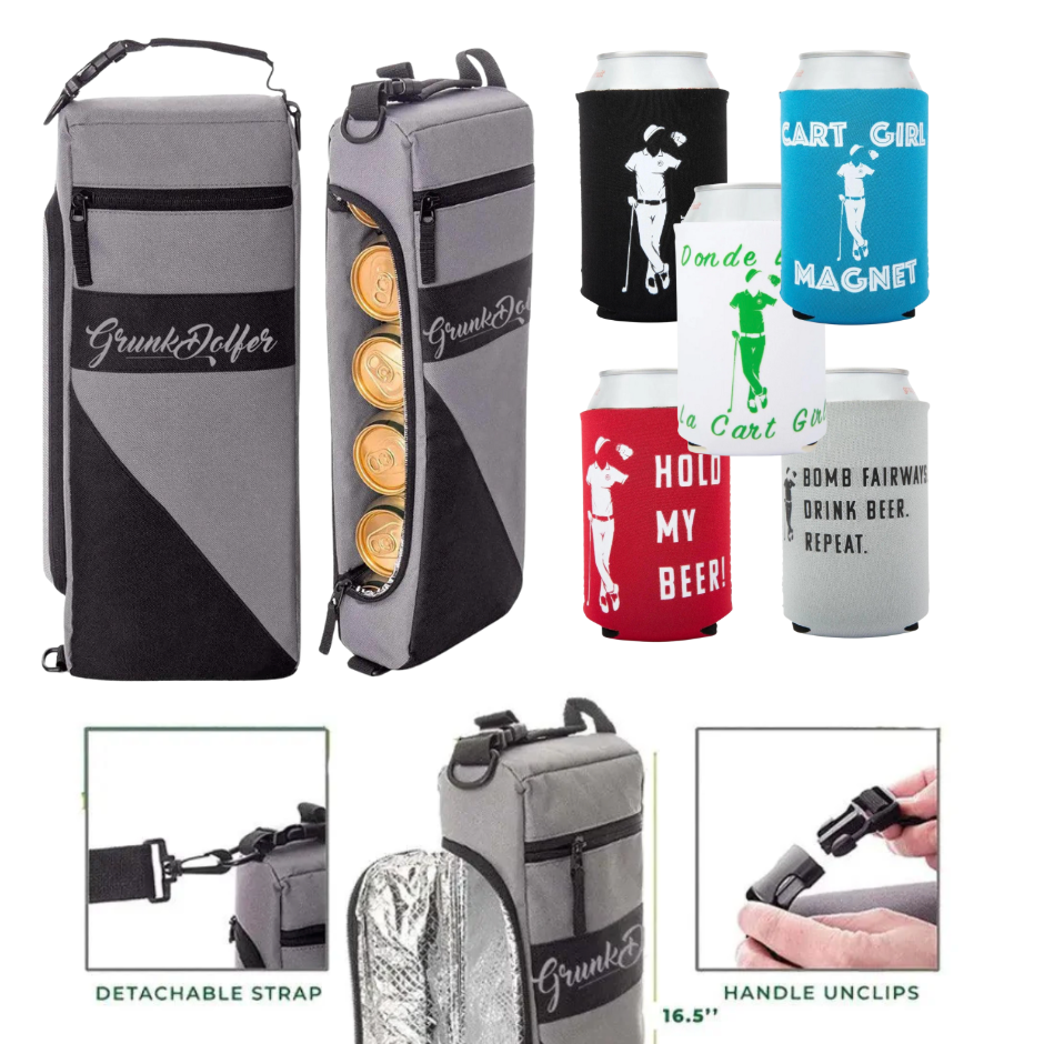 The Grunk Dolfer 8-Beer Bag Cooler in gray and black is shown from multiple angles, alongside six colorful Grunk Dolfer magnetic koozies with golf sayings and close-ups of the insulated coolers features.