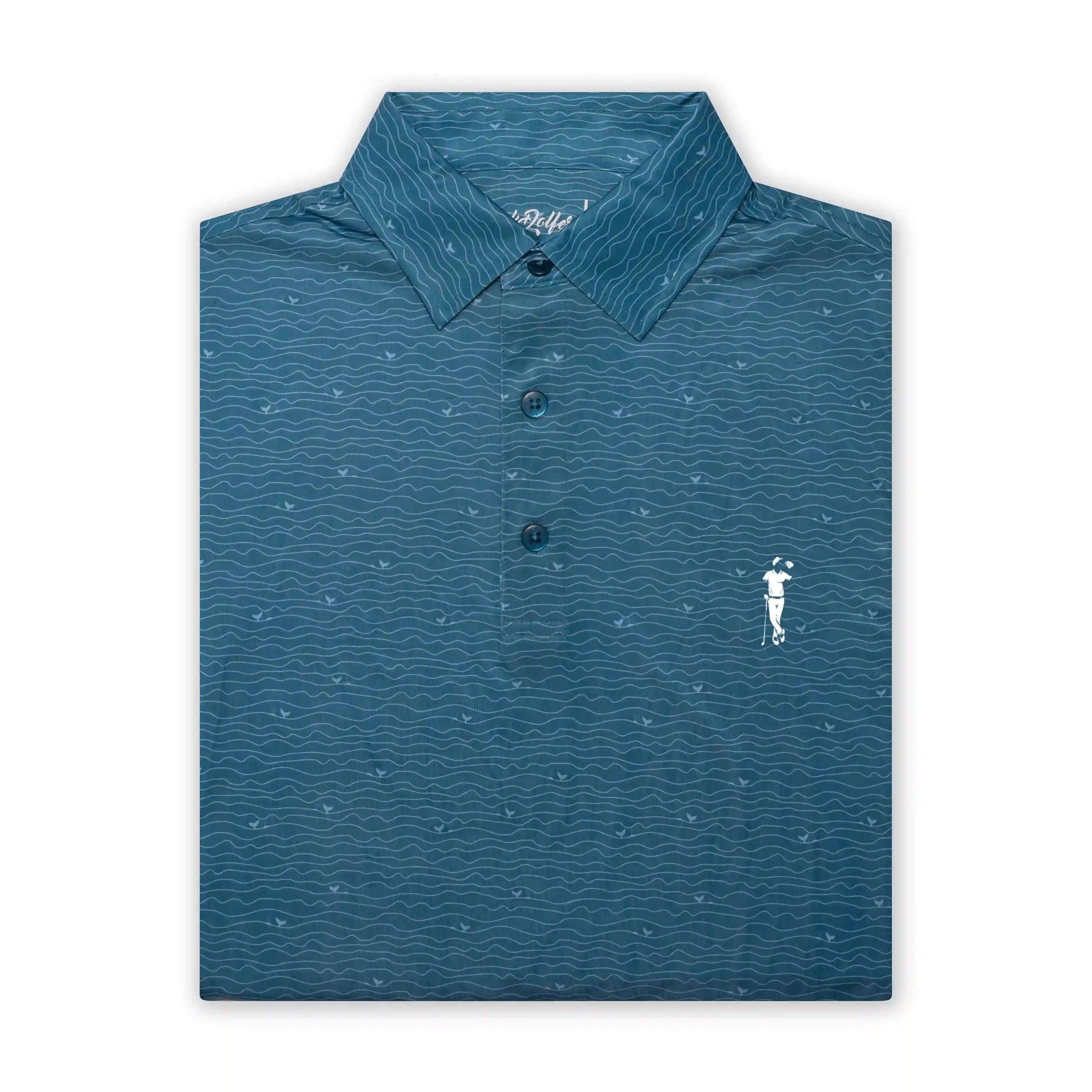 The Grunk Dolfer Subtle Ocean is a blue button-up polo featuring a wavy line pattern and a small white golfer logo on the chest—ideal for a polished, professional, office-ready look.