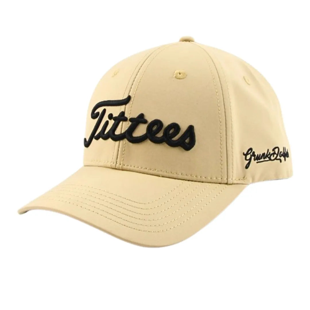 The Tan Tittees hat by Grunk Dolfer features bold black script on the front and “Grunk Dolfer” lettering on the side—a perfect golf hat for fans of the brand’s unique style.
