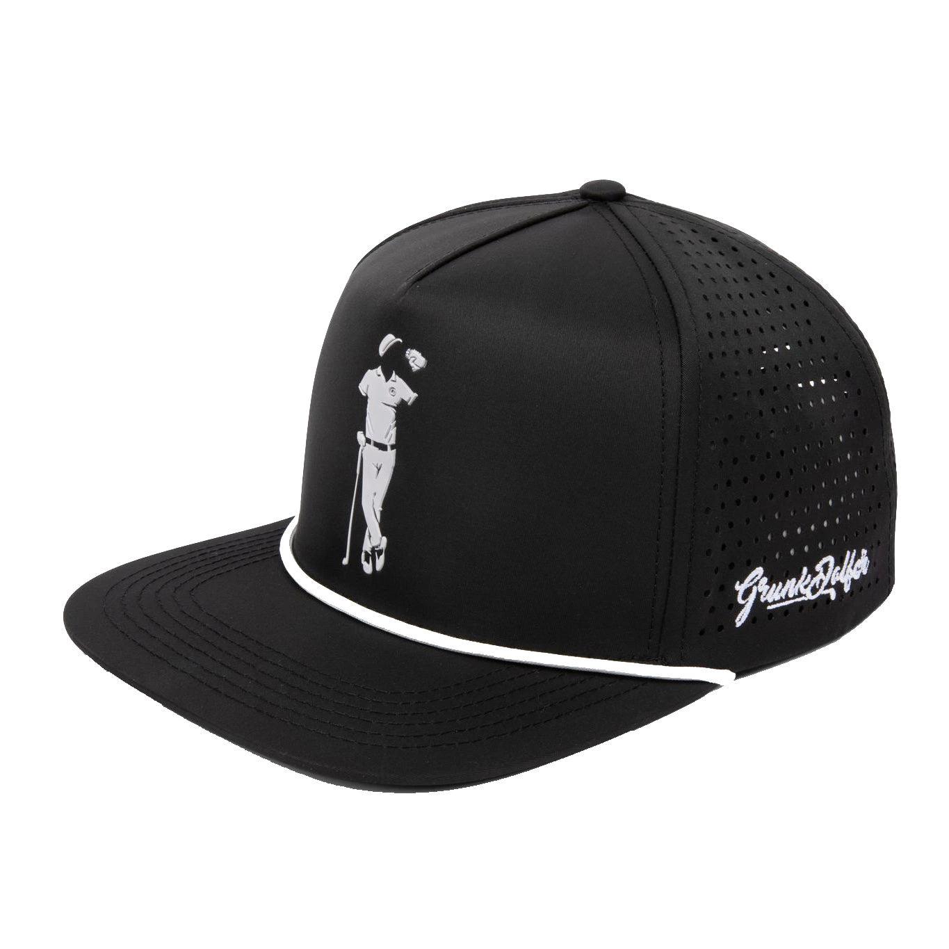 The Black Grunk Hat by Grunk Dolfer is a statement cap with a white golfer silhouette, GunkBusta script on the side, white trim above the brim, and perforated back panels for breathability.