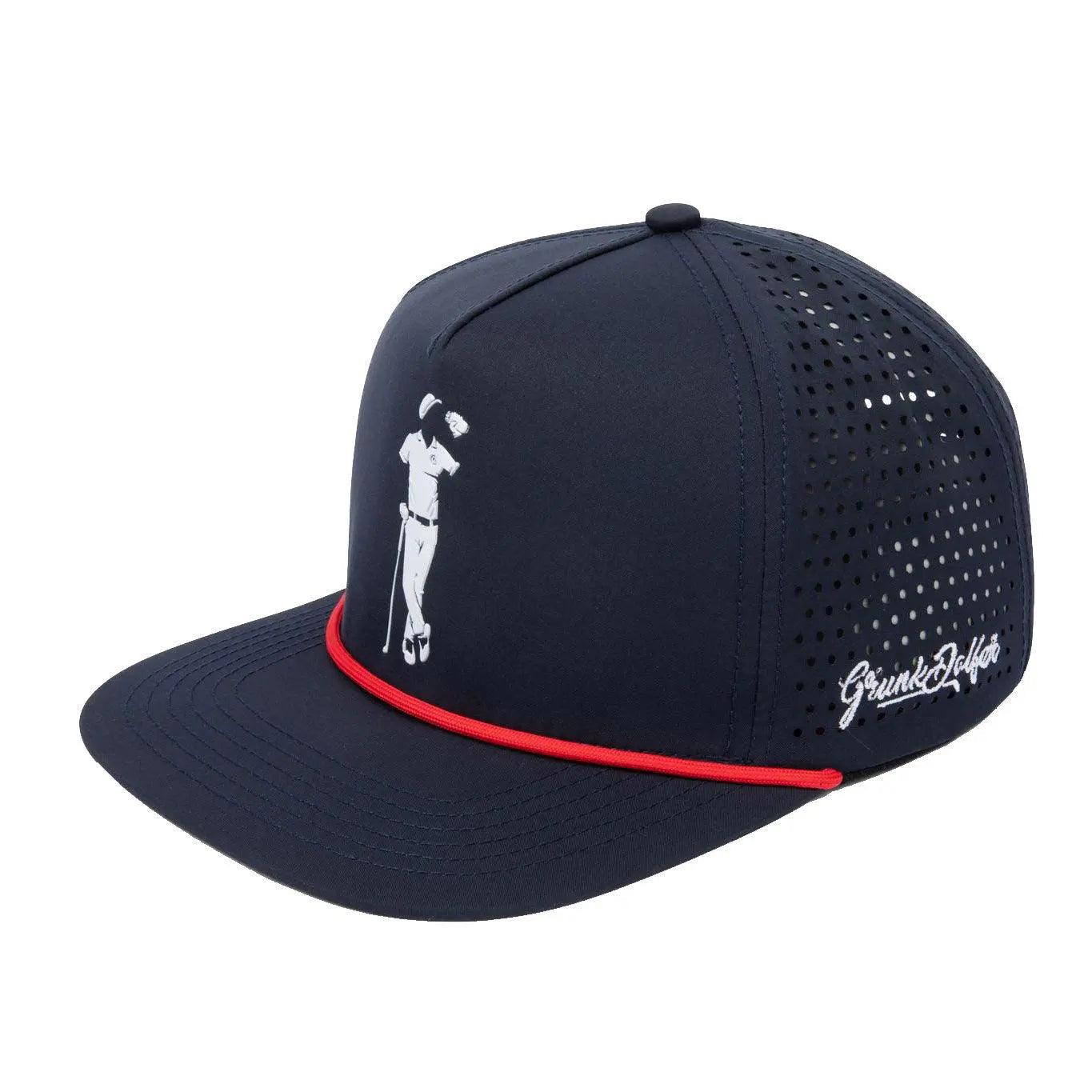 The Grunk Dolfer Grunk Navy Open Hat is an American-made snapback cap with a white golfer silhouette, red accent line, perforated sides, and Grind Hoffer logo—ideal as a waterproof golf hat for both style and performance.