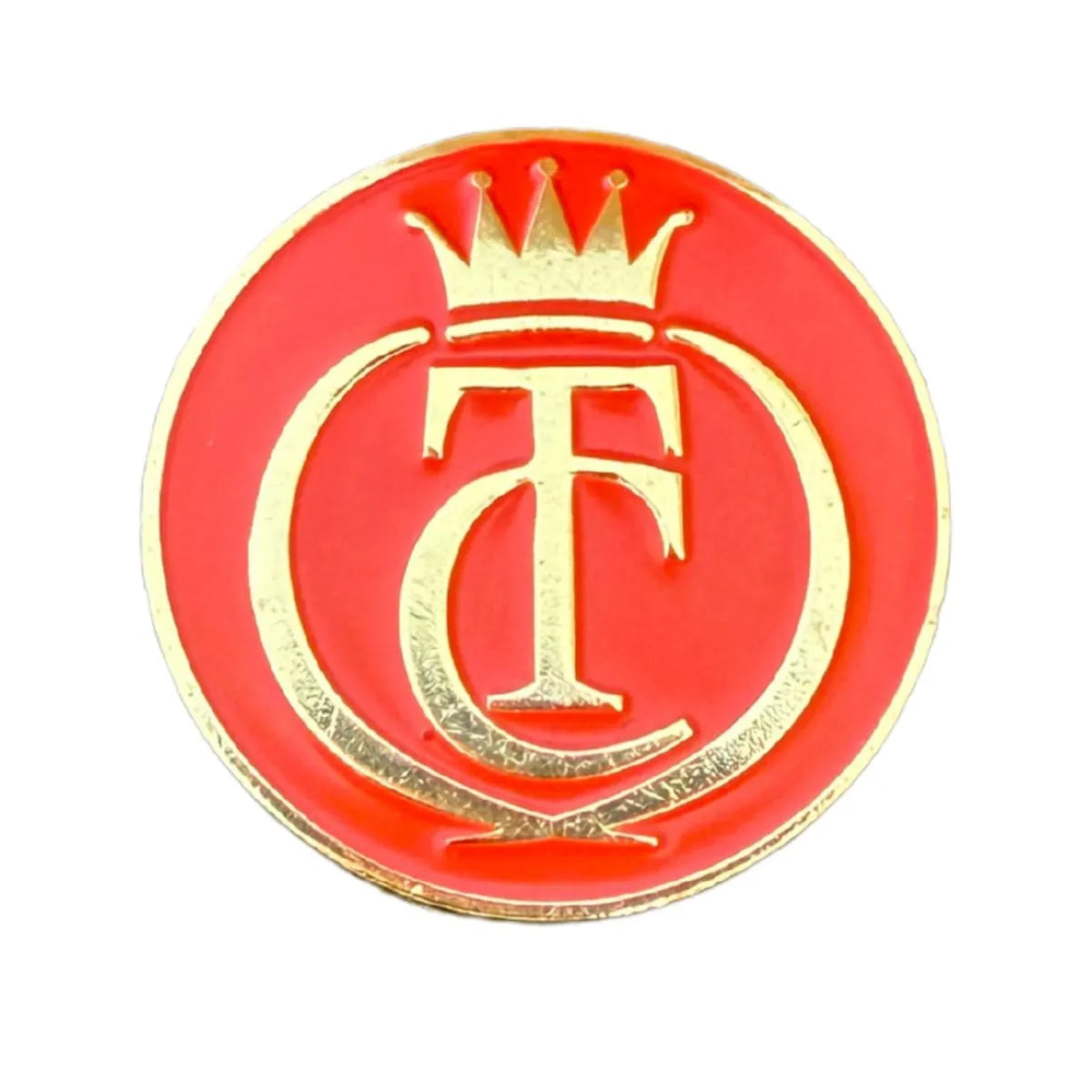 The Grunk Dolfer Tour Champ Ball Marker is a round red marker with a gold border, displaying a gold crown above intertwined gold T and C letters—an ideal magnetic golf gift.