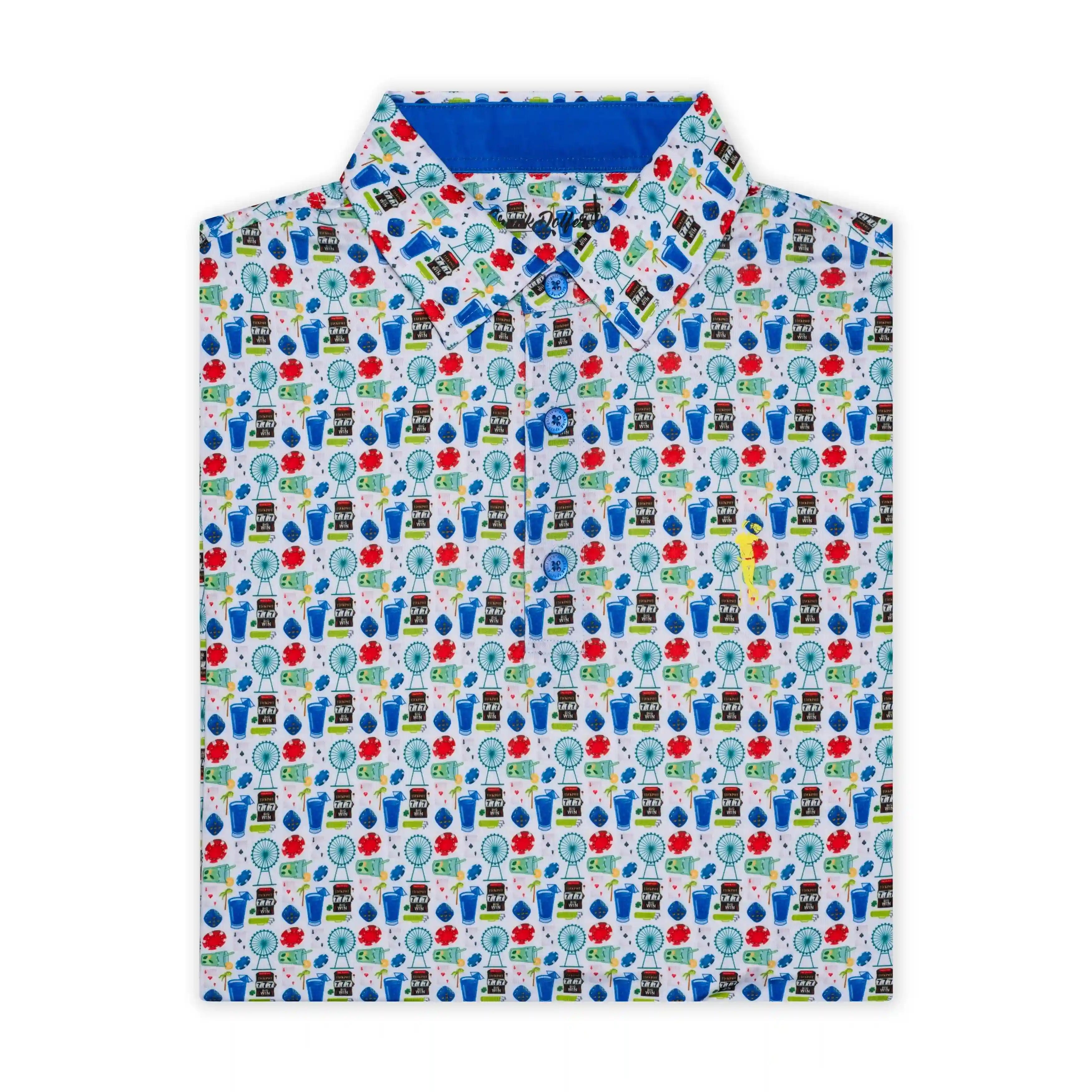 The Grunk Dolfer Vegas Summer golf shirt features a playful pattern of drinks, maple leaves, and blue dials on white, with the inside collar lined in solid blue fabric.