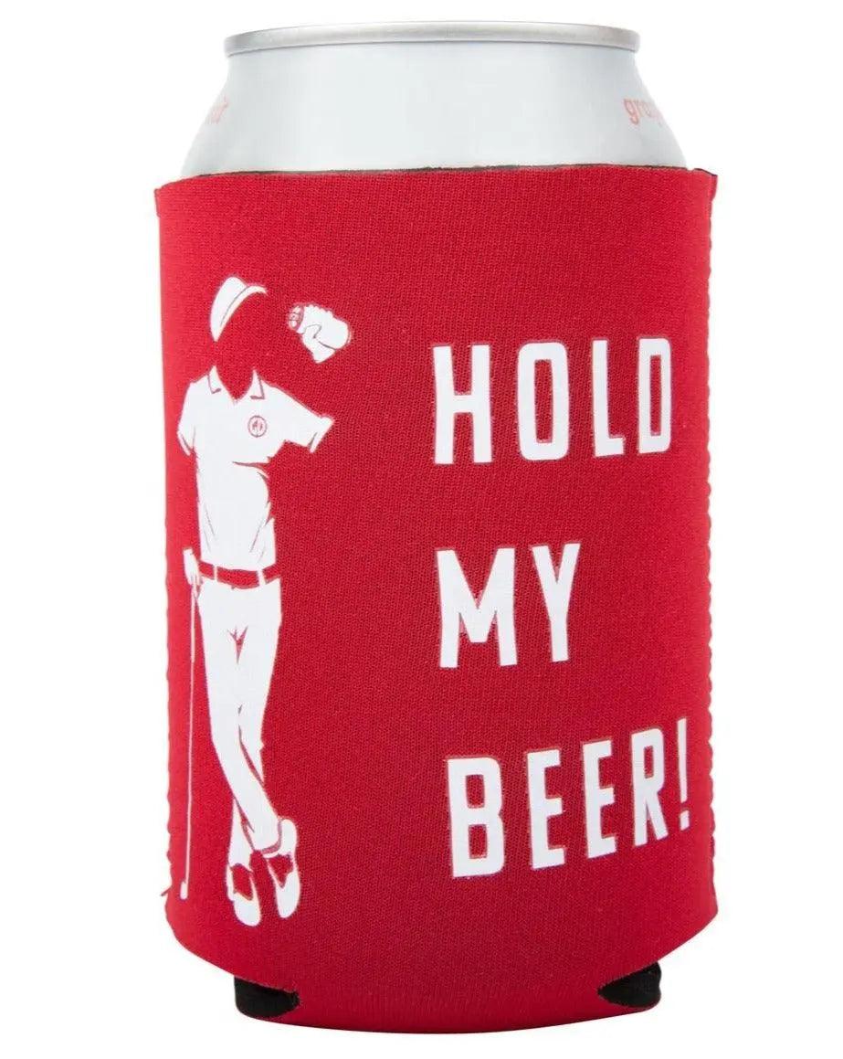 The Grunk Dolfer Hold My Beer Magnetic Koozie is red with a white golfer outline raising an arm beside bold white HOLD MY BEER! text and holds a silver can.