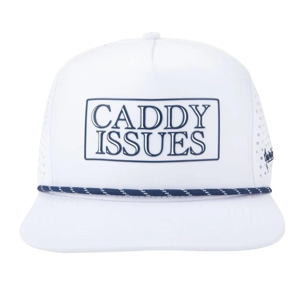 The Grunk Dolfer Caddy Issues Hat is a white snapback cap with a navy rope above the brim and “CADDY ISSUES” in bold inside a rectangle—makes a funny golf gift for any golfer.
