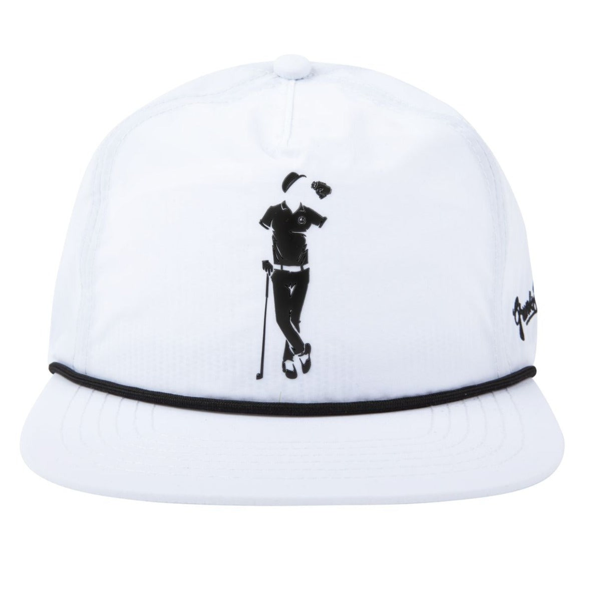 The Grunk Dolfer Grunk Vibes Hat is a white golf hat with a black golfer silhouette on the front, black trim above the brim, subtle Grunk Vibes style, and a small side logo.