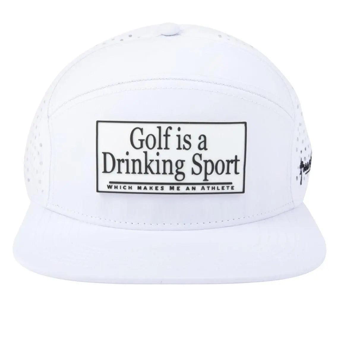 The Athlete by Grunk Dolfer is a white golf hat with a rectangular patch stating Golf is a Drinking Sport which makes me an athlete in black text. Made from breathable fabric, its perfect for all-day comfort on the course.