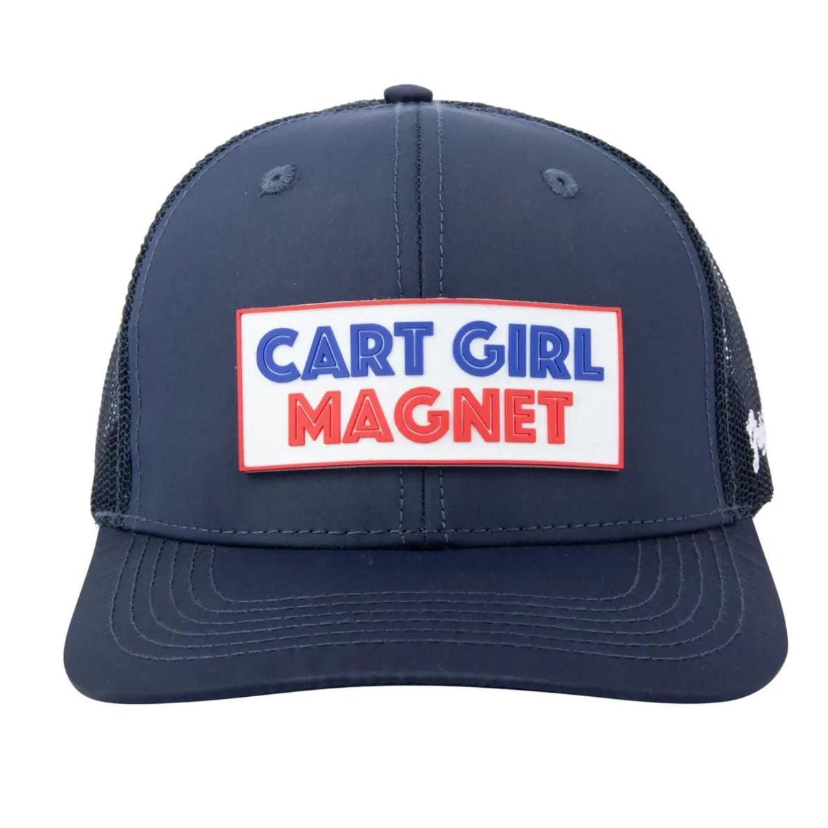 The Grunk Dolfer Cart Girl Magnet is a black trucker hat with a mesh back and a bold blue and red front patch—perfect for standing out on the golf course.