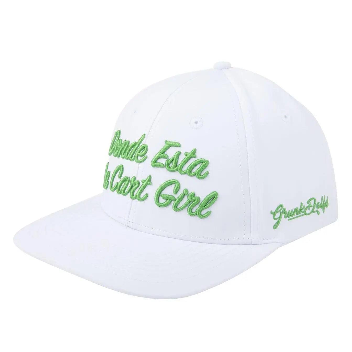 The White Donde Esta La Cart Girl Hat by Grunk Dolfer features green Donde Esta la Cart Girl embroidery on the front and GrunkDolfs on the side—a must-have for any true fan.