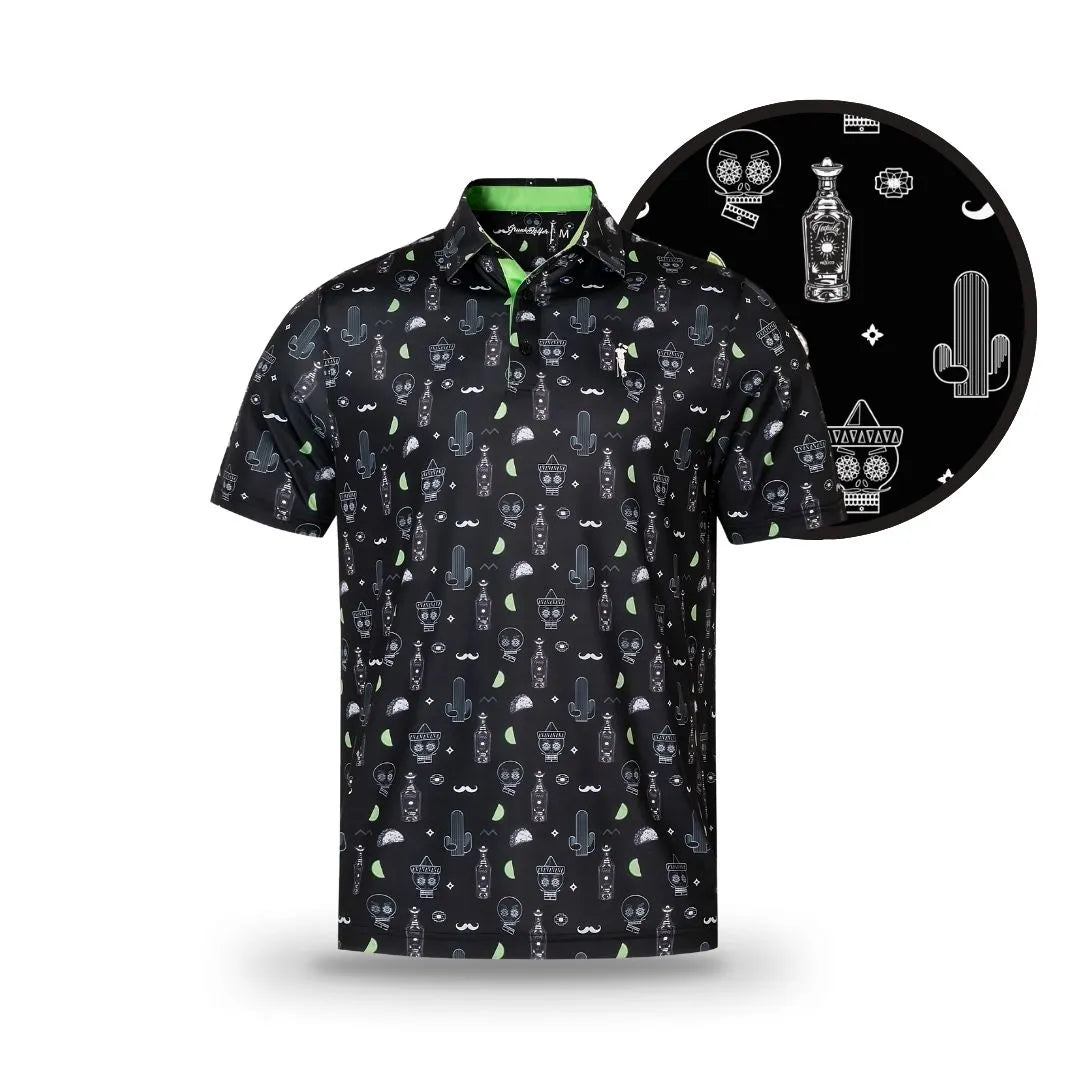 The Black Drinko by Grunk Dolfer is a black golf polo with a playful pattern of skulls, cacti, tequila bottles, lime slices, mustaches, and geometric shapes in white and green accents.