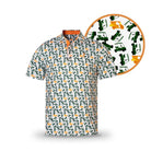 The Bevy by Grunk Dolfer is a white short-sleeve golf polo with an all-over green and yellow tractor print. A close-up shows the playful pattern—ideal for sipping drinks or cruising with the beverage cart on the course.
