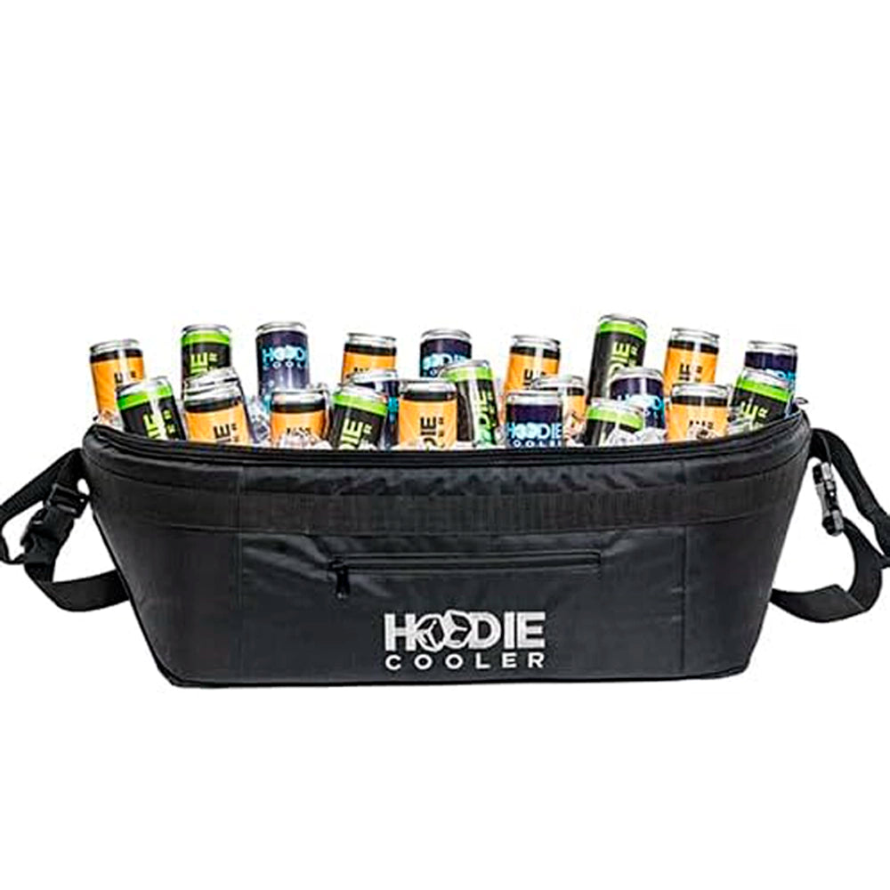 The Grunk Hoodie Cooler by Hoodie Cooler, a black soft-sided cooler ideal for golf carts, is shown open with assorted cans inside and shoulder straps visible.