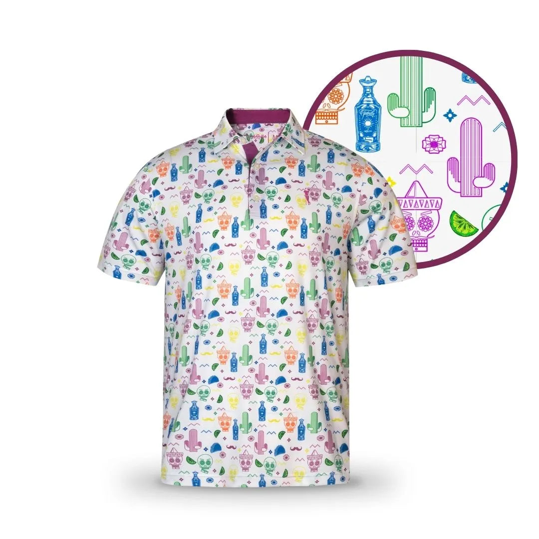 The Grunk Dolfer Vibrant Drinko is a white short-sleeve party polo with a lively print of cacti, bottles, mustaches, sombreros, maracas, and geometric shapes. A close-up highlights the colorful details on this fun tequila-themed shirt.