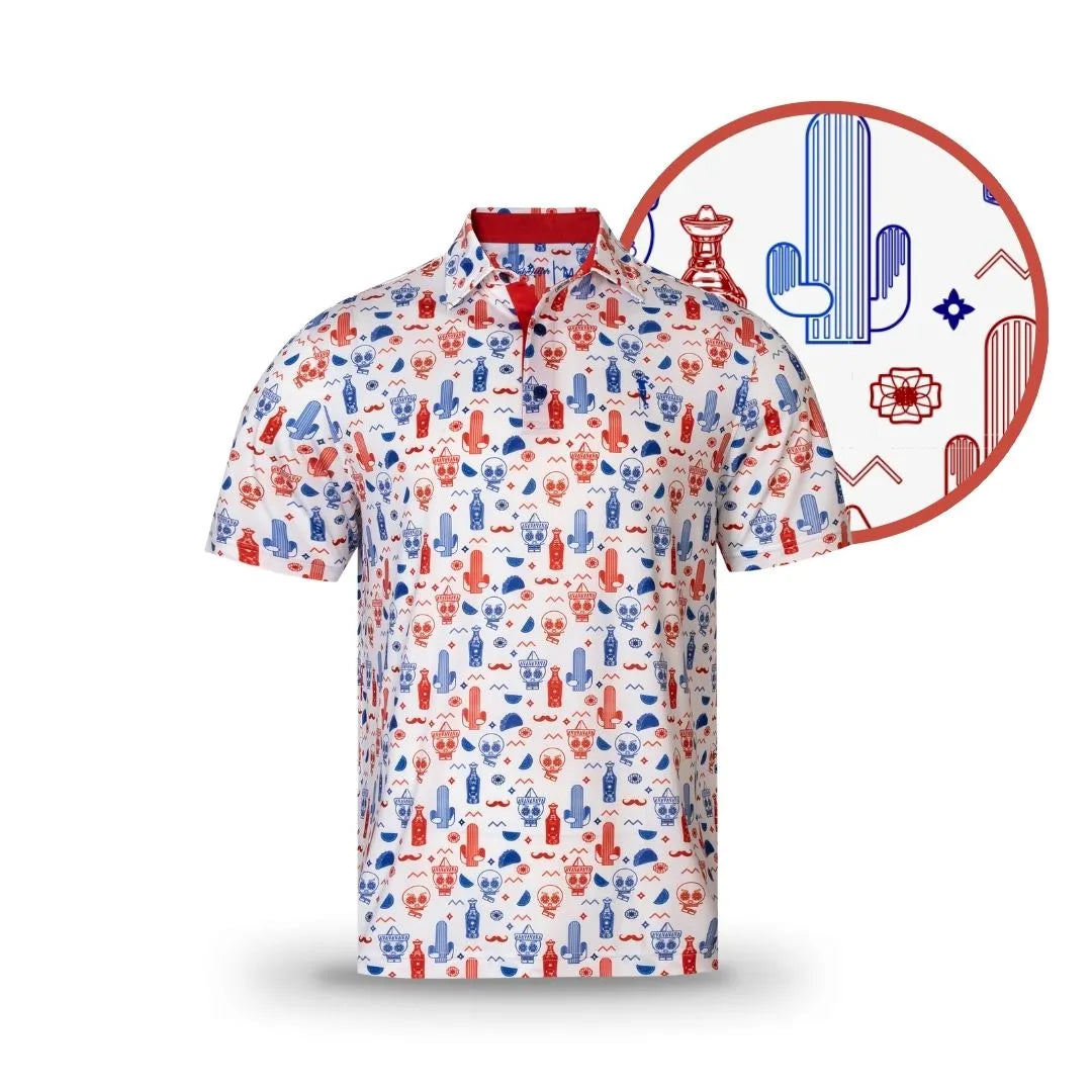 The Patriot Drinko by Grunk Dolfer is a short-sleeve white polo featuring fun red and blue cacti, cowboy hats, boots, and southwestern patterns—shown in a circular zoom-in. Perfect as a playful golf party shirt.