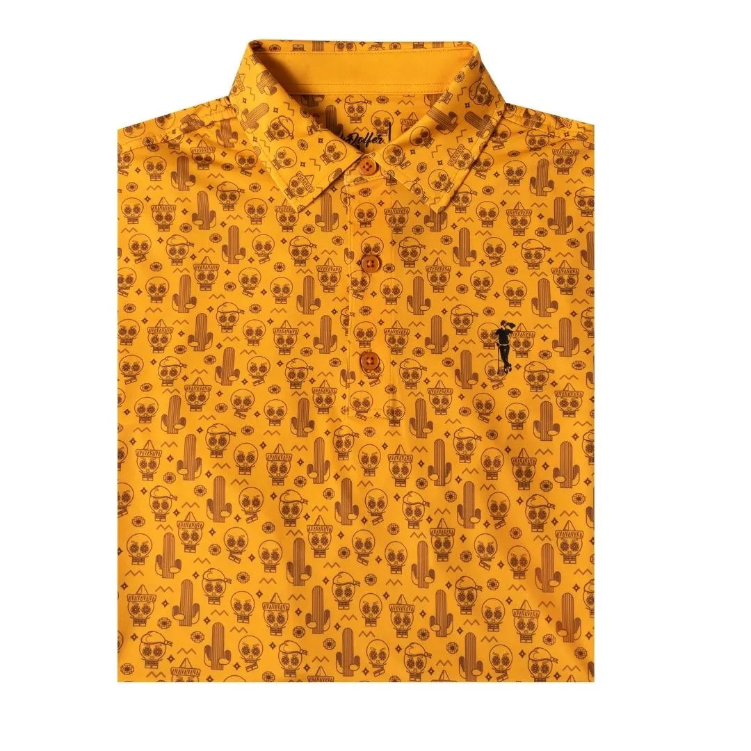 The Dia de Grunk shirt by Grunk Dolfer is a yellow collared top with cartoon brown skulls, cacti, geometric shapes, orange buttons, and a black embroidered figure on the chest—ideal for quirky Halloween décor.