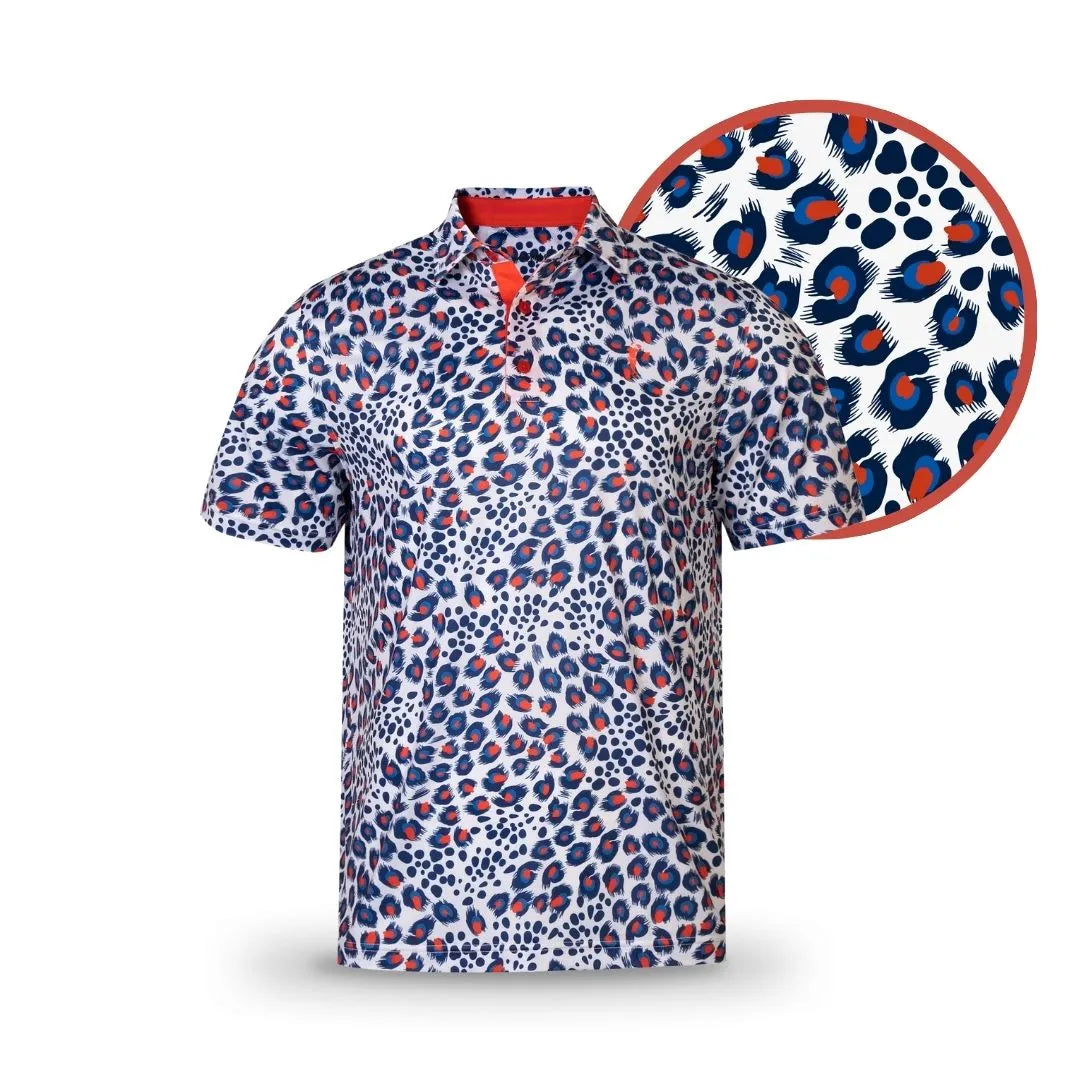 The Grunk Dolfer Acid Leopard short-sleeve polo shirt showcases a bold blue, red, and black leopard print on white. A circular close-up displays the vibrant Acid Leopard pattern details next to the shirt.