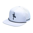 The White Grunk Walker Hat by Grunk Dolfer features a black woman-with-spray-can-and-bag graphic, perforated moisture-wicking side panels, black rope brim detail, and "Brunch Date" on the side.