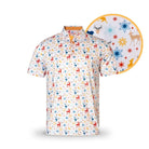 The Grunk Dolfer Christmas Deer Polo is a short-sleeve white shirt with red and blue reindeer, orange snowflakes, and blue stars—perfect for festive gatherings. A close-up highlights its vibrant holiday print.