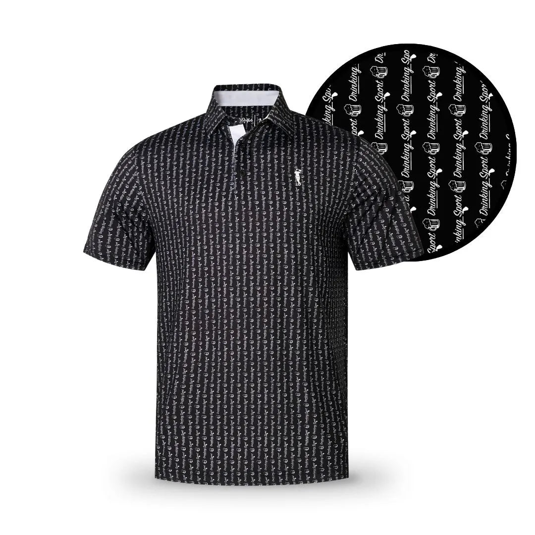 The Grunk Dolfer Drinking Sport is a short-sleeve black golf polo featuring a white cursive "David Golf" pattern and small golf clubs. It includes a collar and button placket—ideal for both golfing and any drinking game.