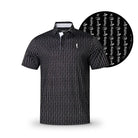 The Grunk Dolfer Drinking Sport is a short-sleeve black golf polo featuring a white cursive "David Golf" pattern and small golf clubs. It includes a collar and button placket—ideal for both golfing and any drinking game.