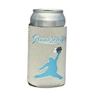 A silver can in a white insulated Chunkman Koozie by Grunk Dolfer, featuring blue Grunk Joffer text and a blue silhouette of a person jumping with a foamy drink—perfect for stylish golf enthusiasts.