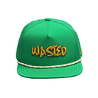 The Grunk Dolfer Wasted Hat is a green snapback golf cap with yellow and white rope above the brim, bold yellow "WASTED" dripping lettering, and the signature Grunk Wasted logo for standout style on or off the course.