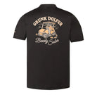 The Bearly Sober Tee by Grunk Dolfer is a black polo featuring a cartoon bear driving a golf cart, with Grunk Dolfer above and Bearly Sober below—ideal for fans of funny golf shirts or quirky bear tees.