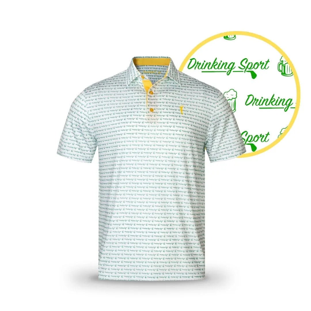 The Grunk Dolfer Drinking Sport Master is a lightweight, breathable golf polo with a repeating green Drinking Sport text and beer mug pattern, yellow accents on the collar and placket—perfect for Grunk Dolfer fans.