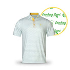 The Grunk Dolfer Drinking Sport Master is a lightweight, breathable golf polo with a repeating green Drinking Sport text and beer mug pattern, yellow accents on the collar and placket—perfect for Grunk Dolfer fans.