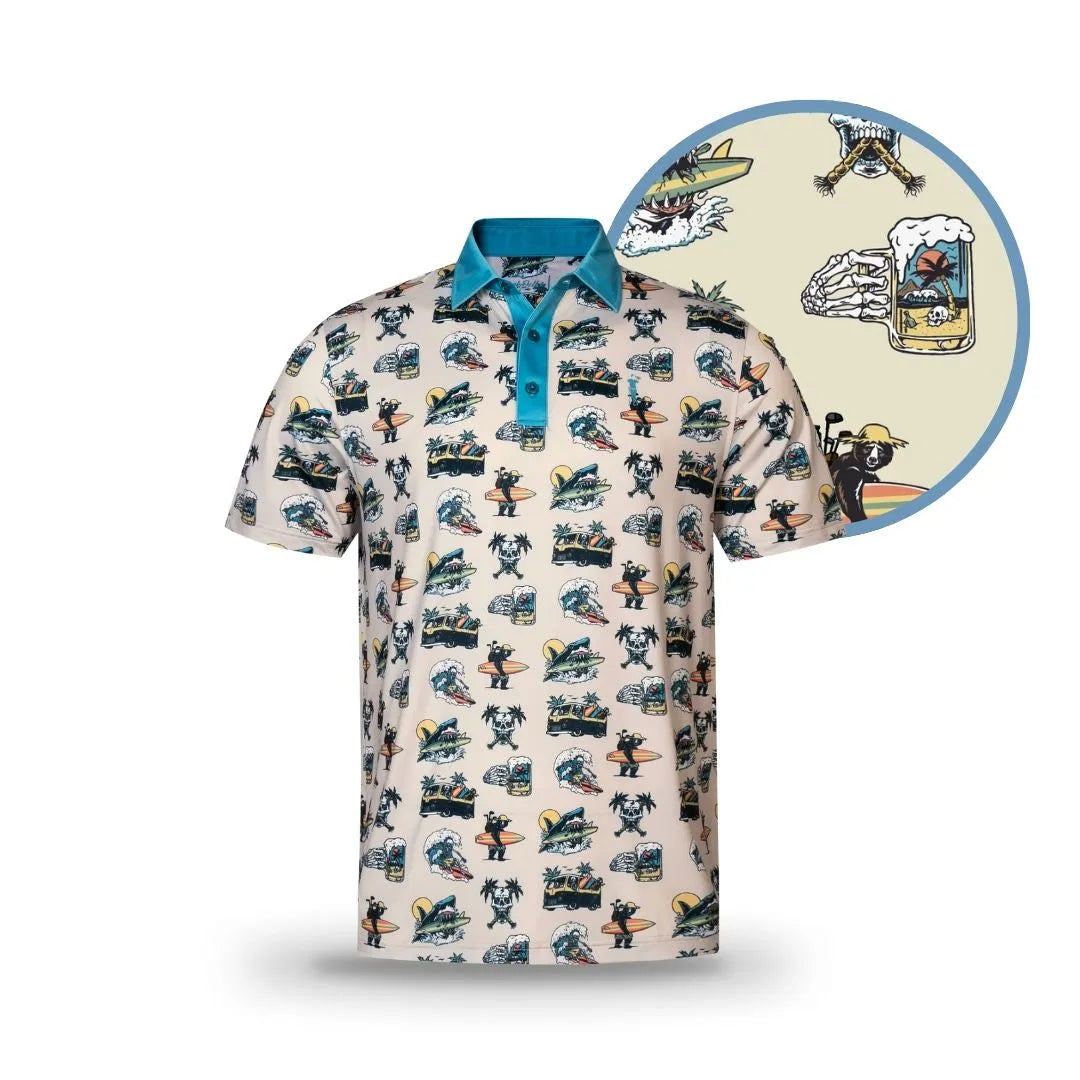 The Grunk Dolfer Golf's Up polo is a short-sleeve surf golf shirt with a blue collar and a vibrant retro print of surfboards, waves, skeletons holding beer, and beach-themed designs on a light background.