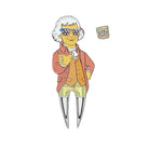 A cartoon in 18th-century attire with star-spangled sunglasses gives a thumbs up by a drink, highlighting the Grunk Dolfer Jefferson Divot Tool with magnetic ball marker clipped to its waist.