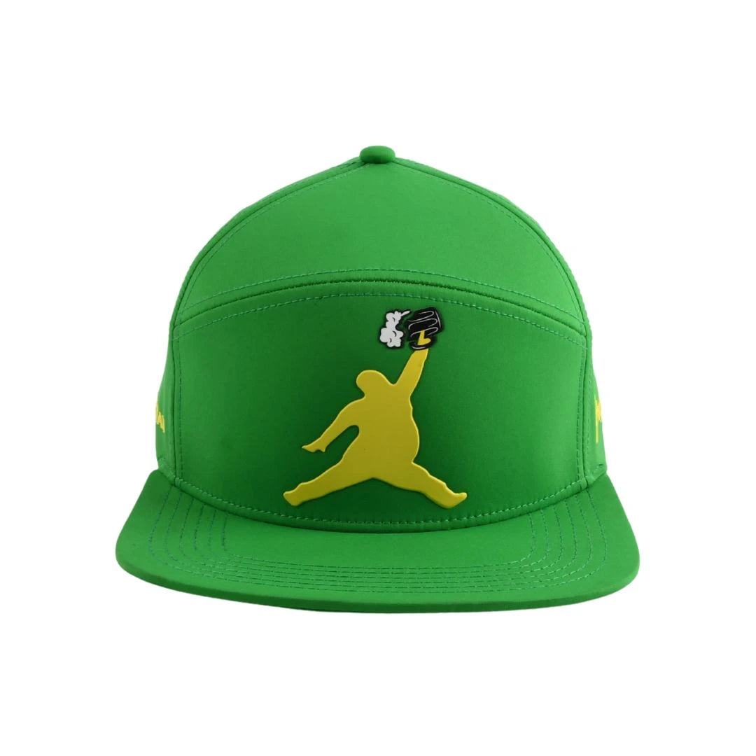 The Green ChunkMan Hat by Grunk Dolfer features a yellow silhouette of a person jumping with an outstretched arm, holding a black and yellow baseball glove on the front panel.