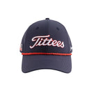 The Grunk Dolfer Navy Tittees Hat features red and white trim, "Tittees" embroidered in white script, a red rope above the brim, and a small American flag patch on the side.